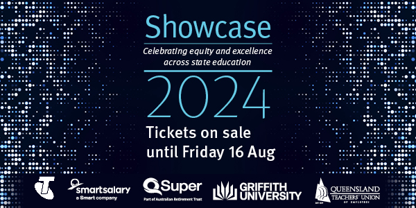 Showcase event branding black with blue sparkly squares with the text: Showcase 2024, celebrating Equity and Excellence across state education. Tickets on sale until Friday 16 Aug.