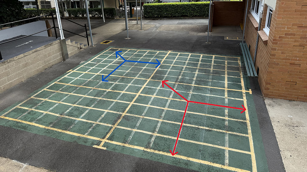A large grid painted on the concrete 