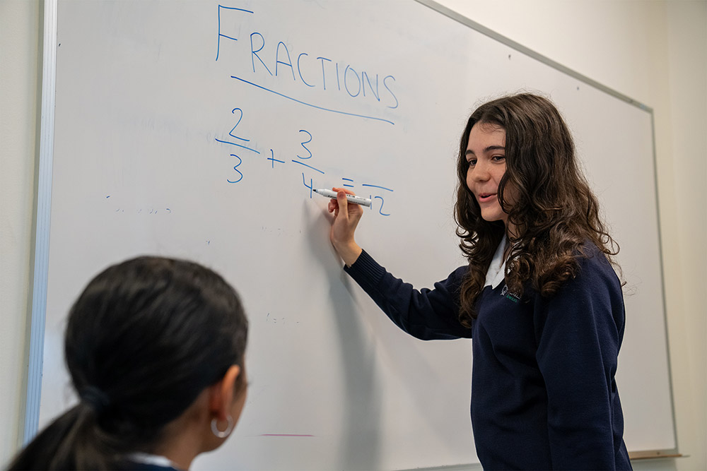 Photo of a student teaching math to another student